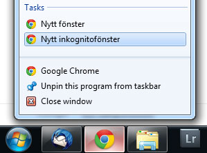 Inkognitofönster från verktygsraden