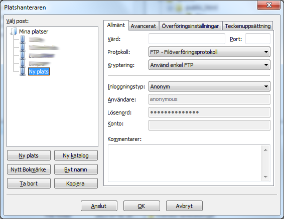 Skapa en ny plats i FileZilla