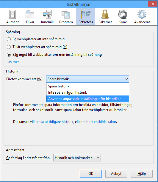 Sekretessinställningar i Firefox