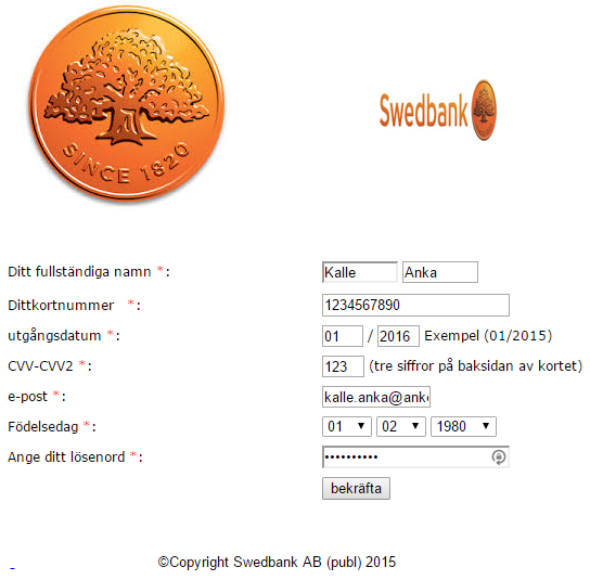 Sidan som försöker utge sig för att vara Swedbanks hemsida