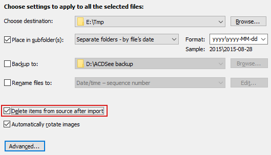 Du kan låta ACDSee radera bilderna automatiskt efter importen