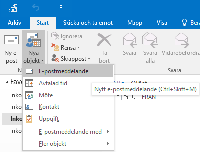 Olika kortkommandon för att skapa ett nytt mail i Outlook 2016